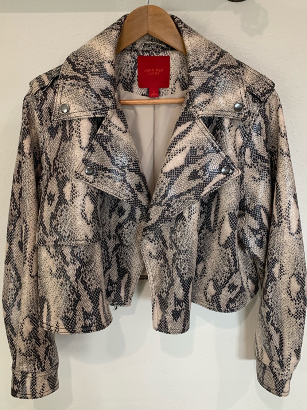 Jennifer Lopez Black Vegan Snakeskin Python Print Moto Jacket, Back & Cream, S